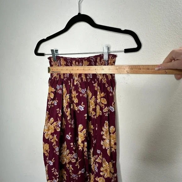 Natural Life Meadow Maroon Gold Tan Floral Smocked Waist Midi Skirt XS / S - Picture 6 of 13